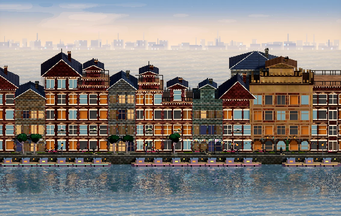 A row of narrow canal houses with varied gables reflected in water at golden hour.
