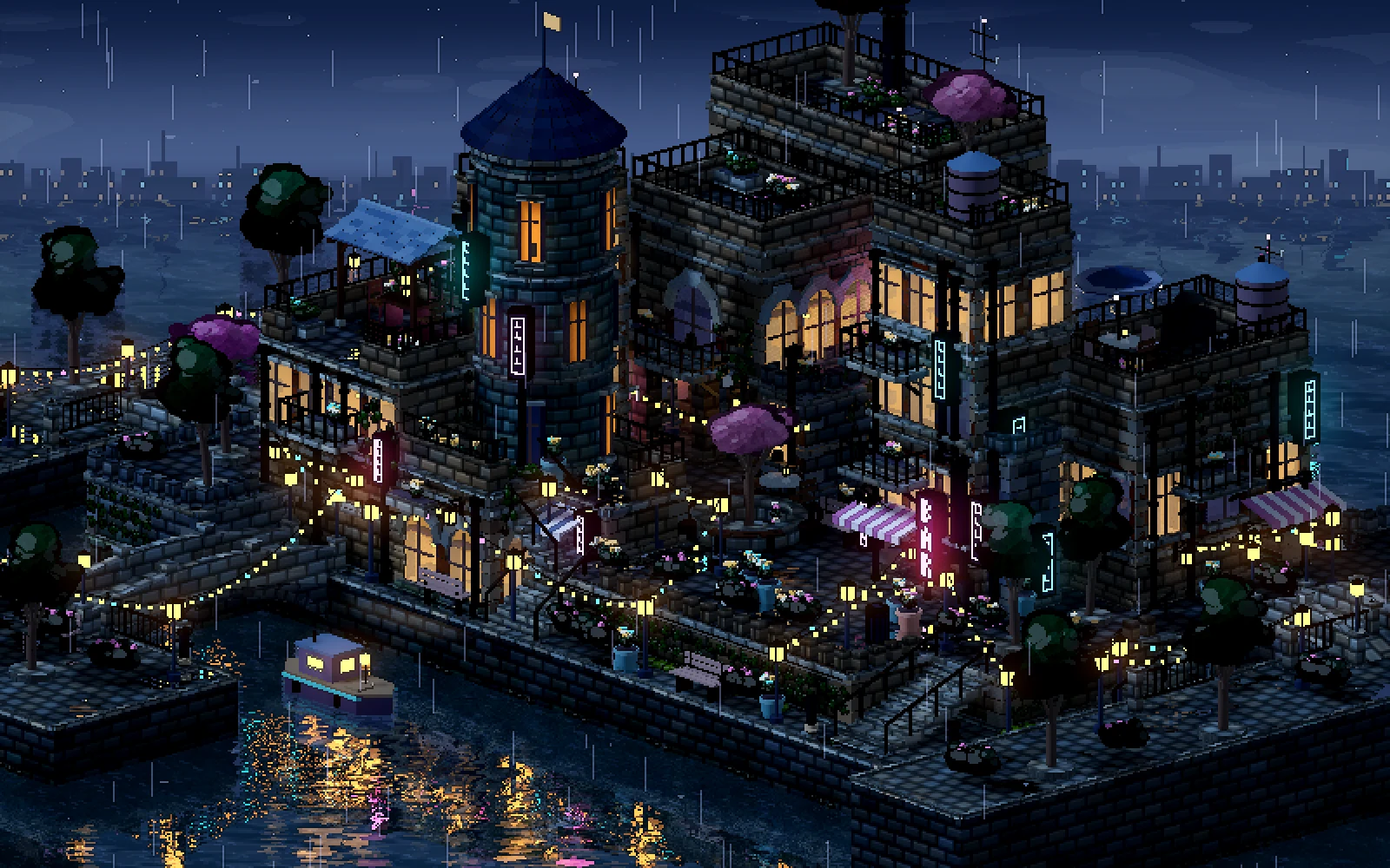 The Canal quarter at night in the beautify review, with bright windows and reflections against dark quays and trees.