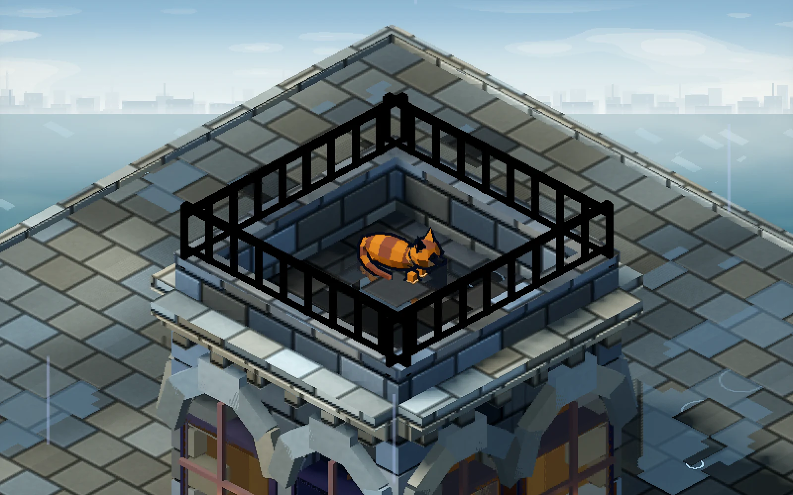An orange tabby cat with dark stripes curled up on a small rooftop terrace.