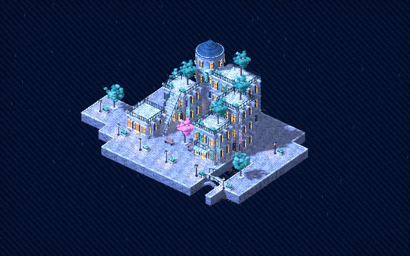 An early blue-lit miniature town on a square plate, with bright windows and a gridded background.