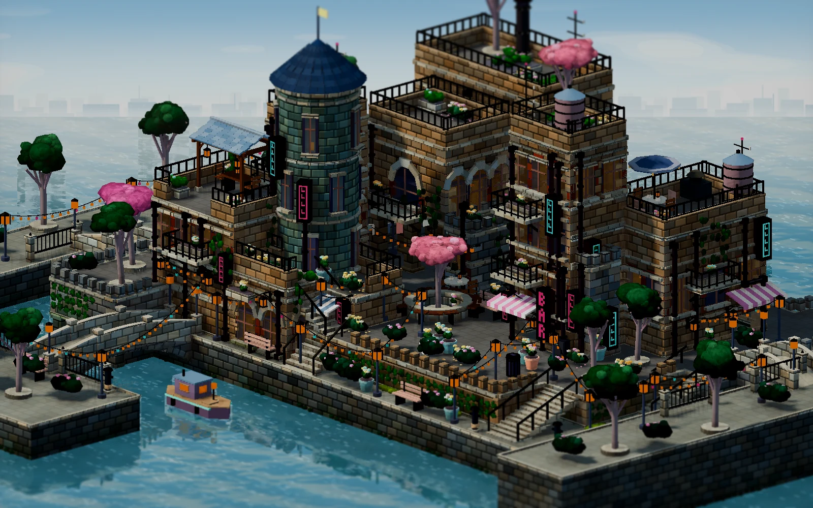 The canal quarter in daylight under the Glade look, with pale paving and detailed dark walls.