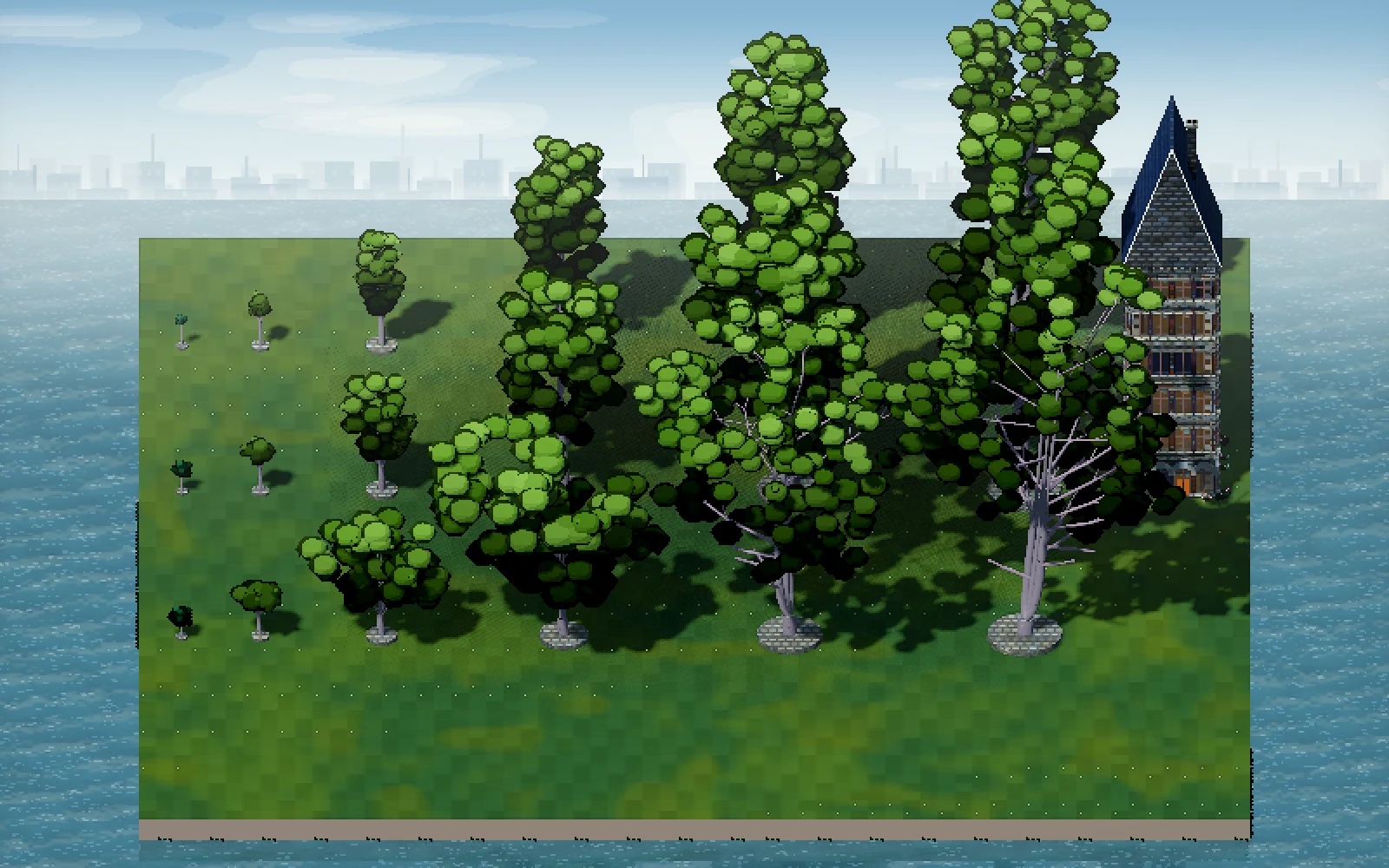 A test planting of trees ranging from small saplings to tall broad crowns beside a building for scale.