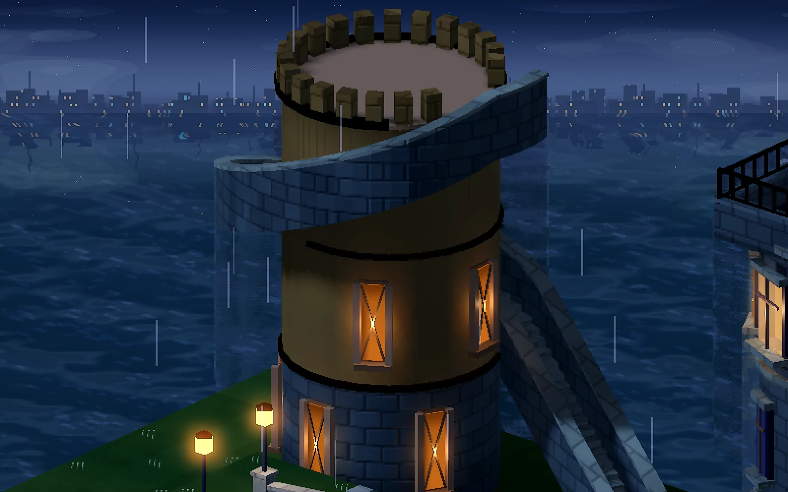 A stone spiral staircase winding around a round tower at night, with warm windows below.