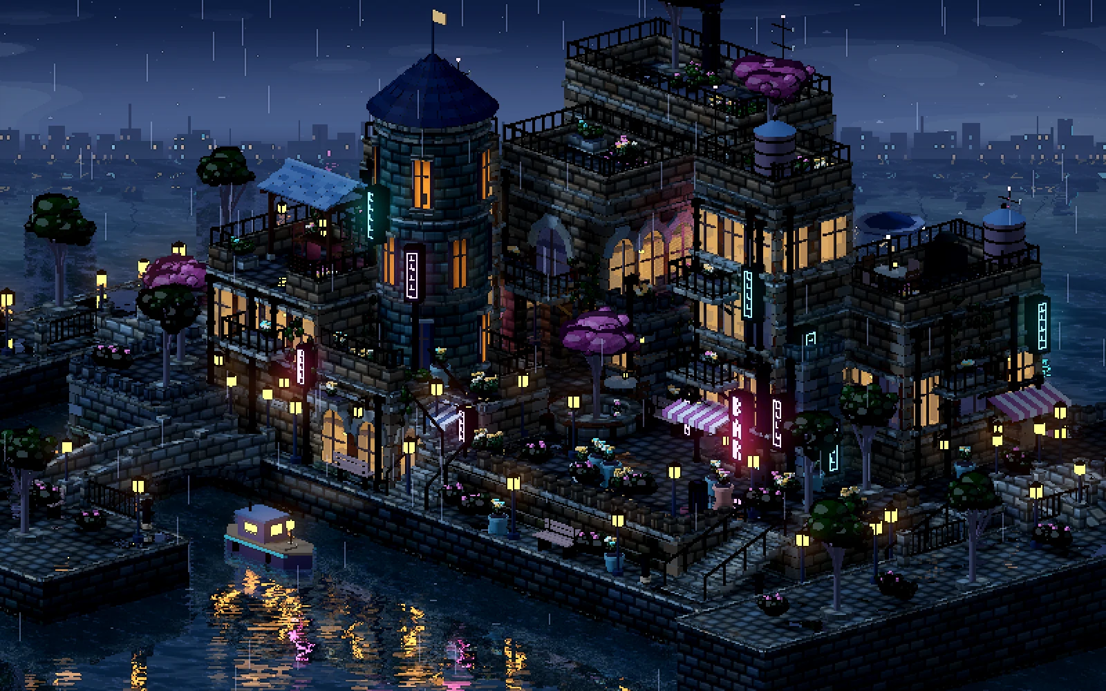 PixelPunk’s Canal quarter at night: layered rooftops, warm windows and neon reflected in the water.