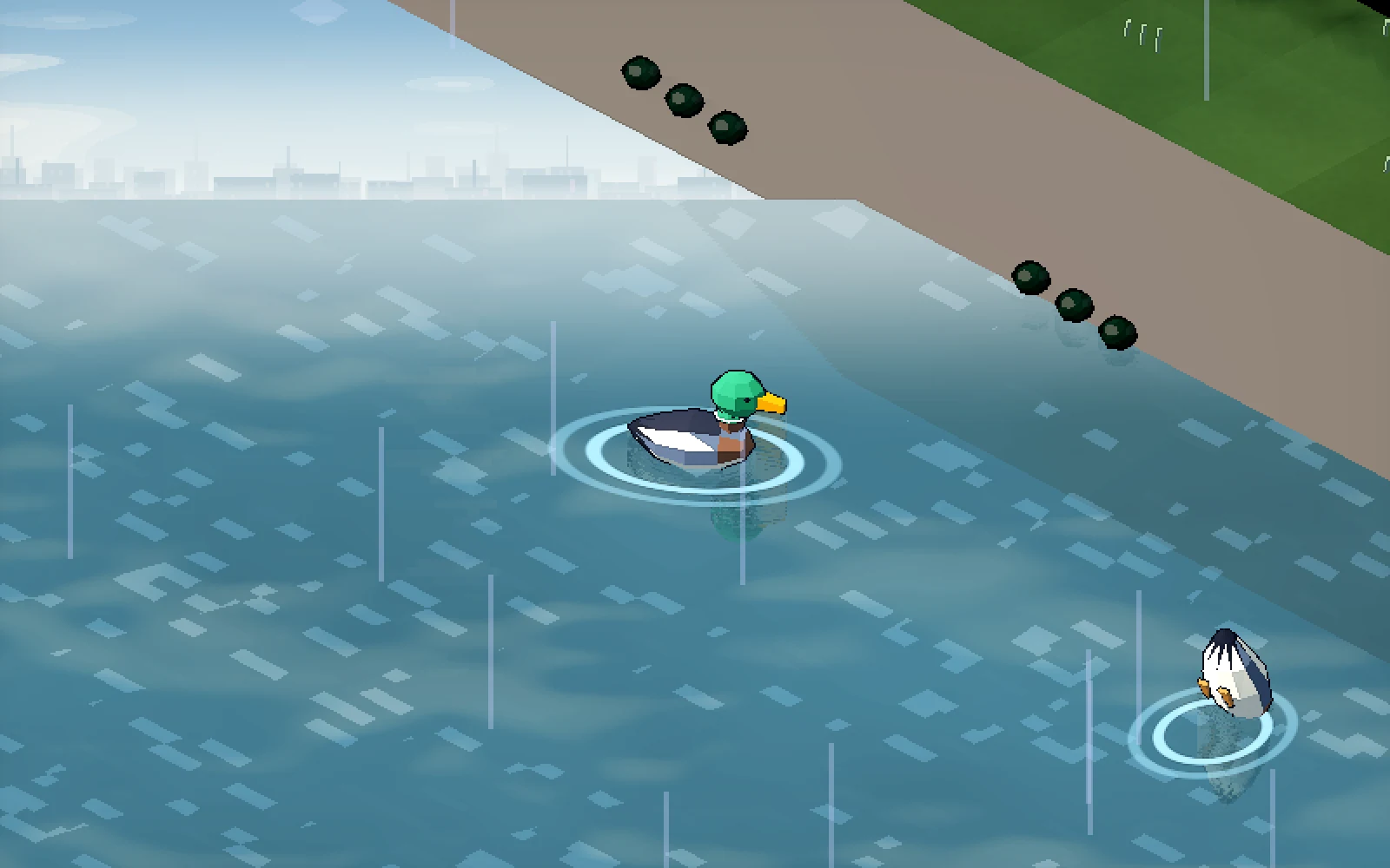A close-up of small low-poly mallards on blue water, with visible ripple rings.